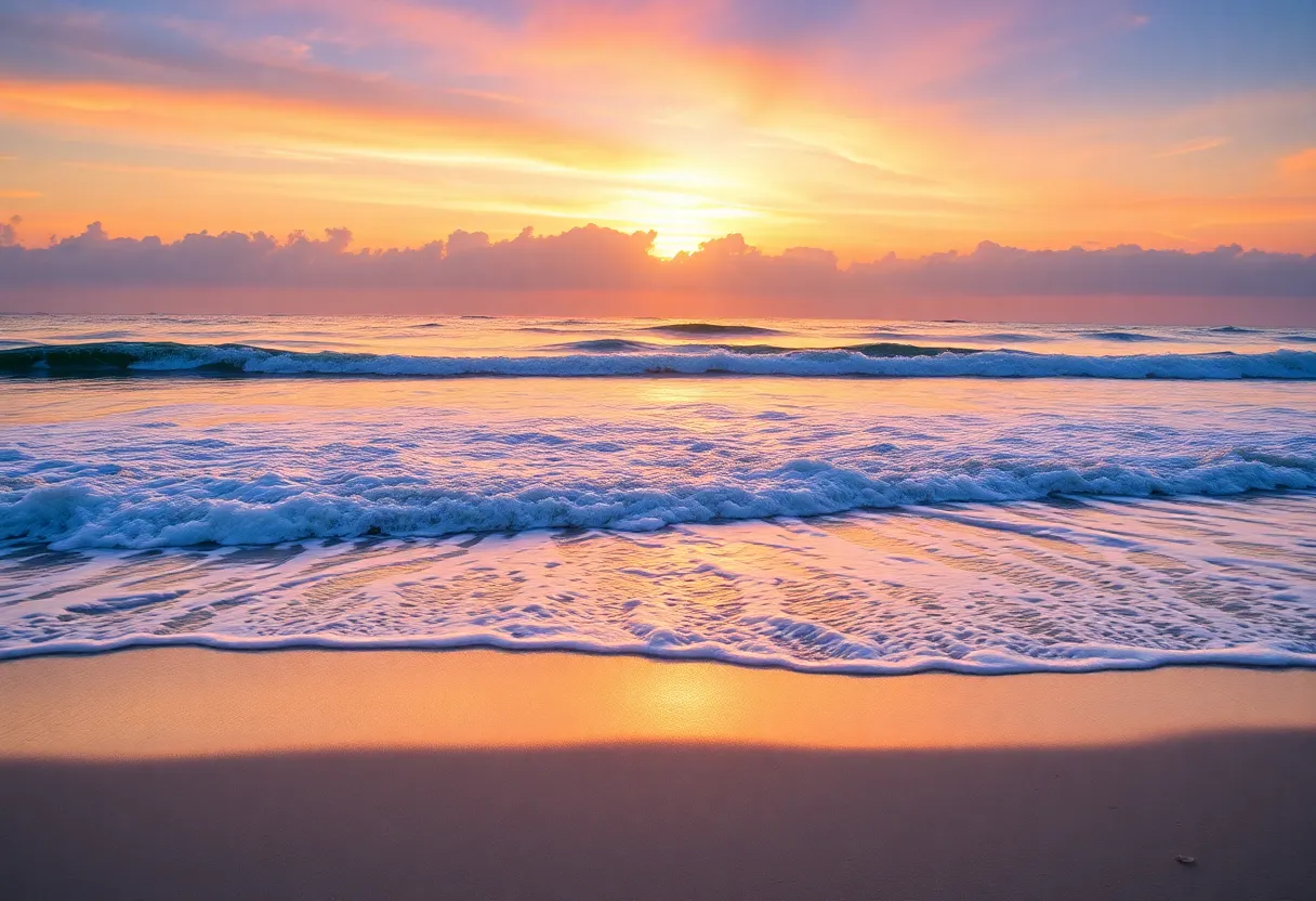 Sunset over Hilton Head Island beach showing calm ocean waves