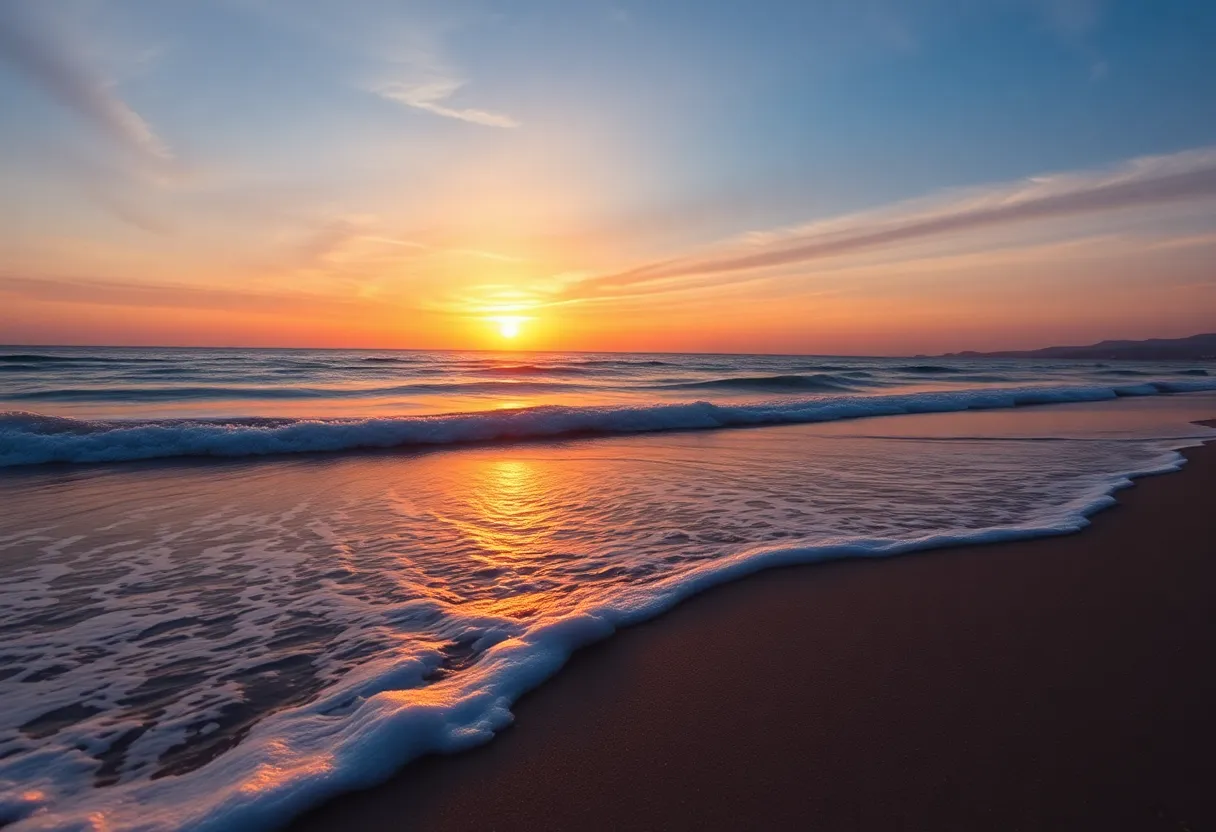 Sunset view of Hunting Island beach, with gentle waves