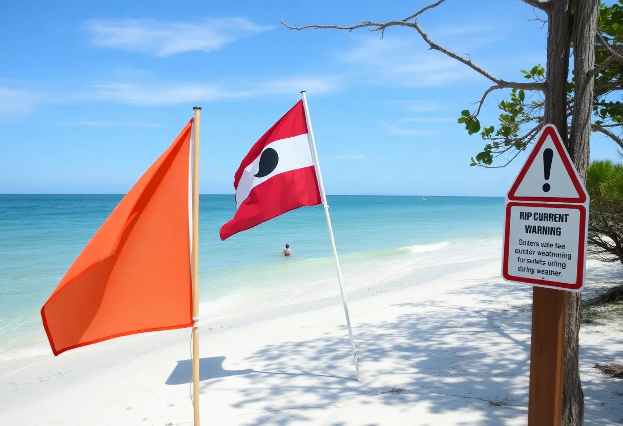 Hunting Island State Park beach with warning flags.
