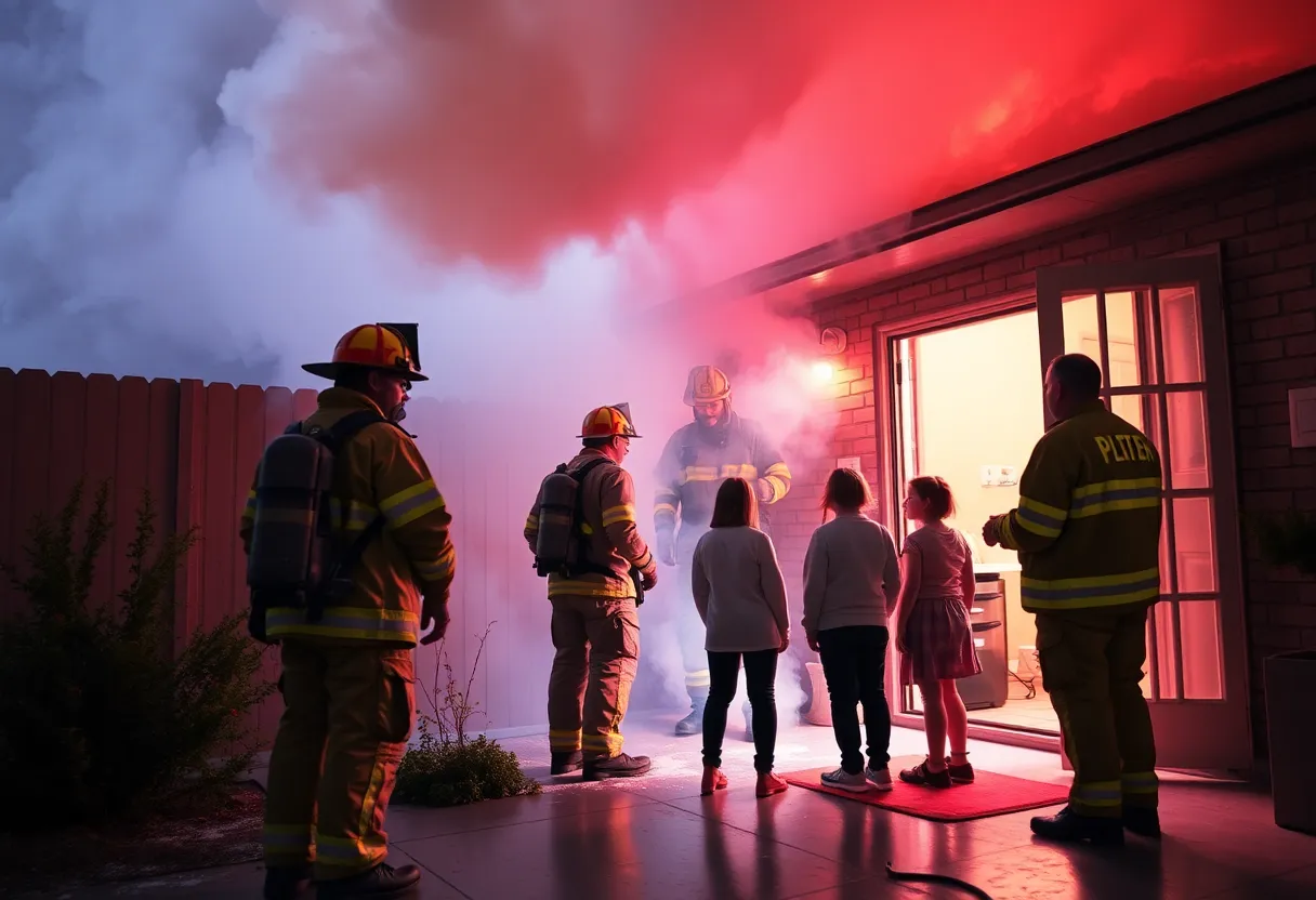 Firefighters extinguishing a kitchen fire while a family stands outside their home.