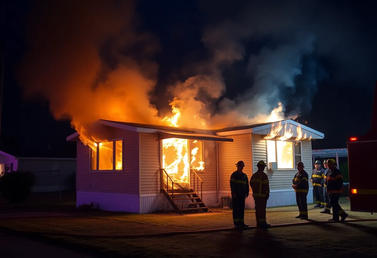 Firefighters battling a mobile home fire in a neighborhood