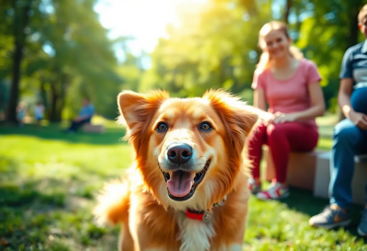 A happy dog playing in the park with community members around.