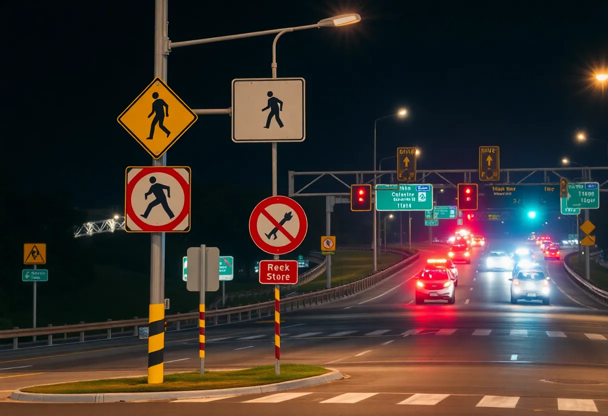 Scene of a highway intersection related to a pedestrian crash.