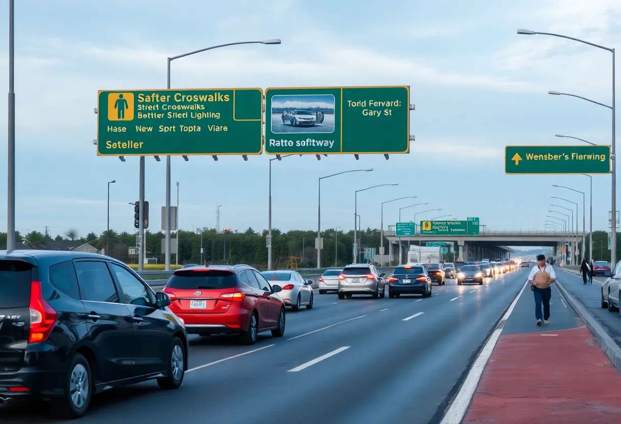 Highway scene with marked crosswalks and pedestrians