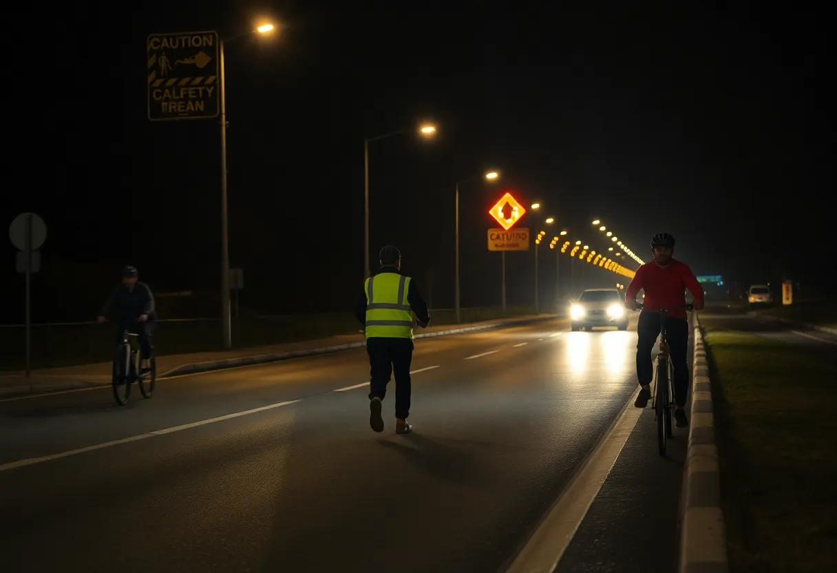 A dark roadway emphasizing pedestrian safety measures.