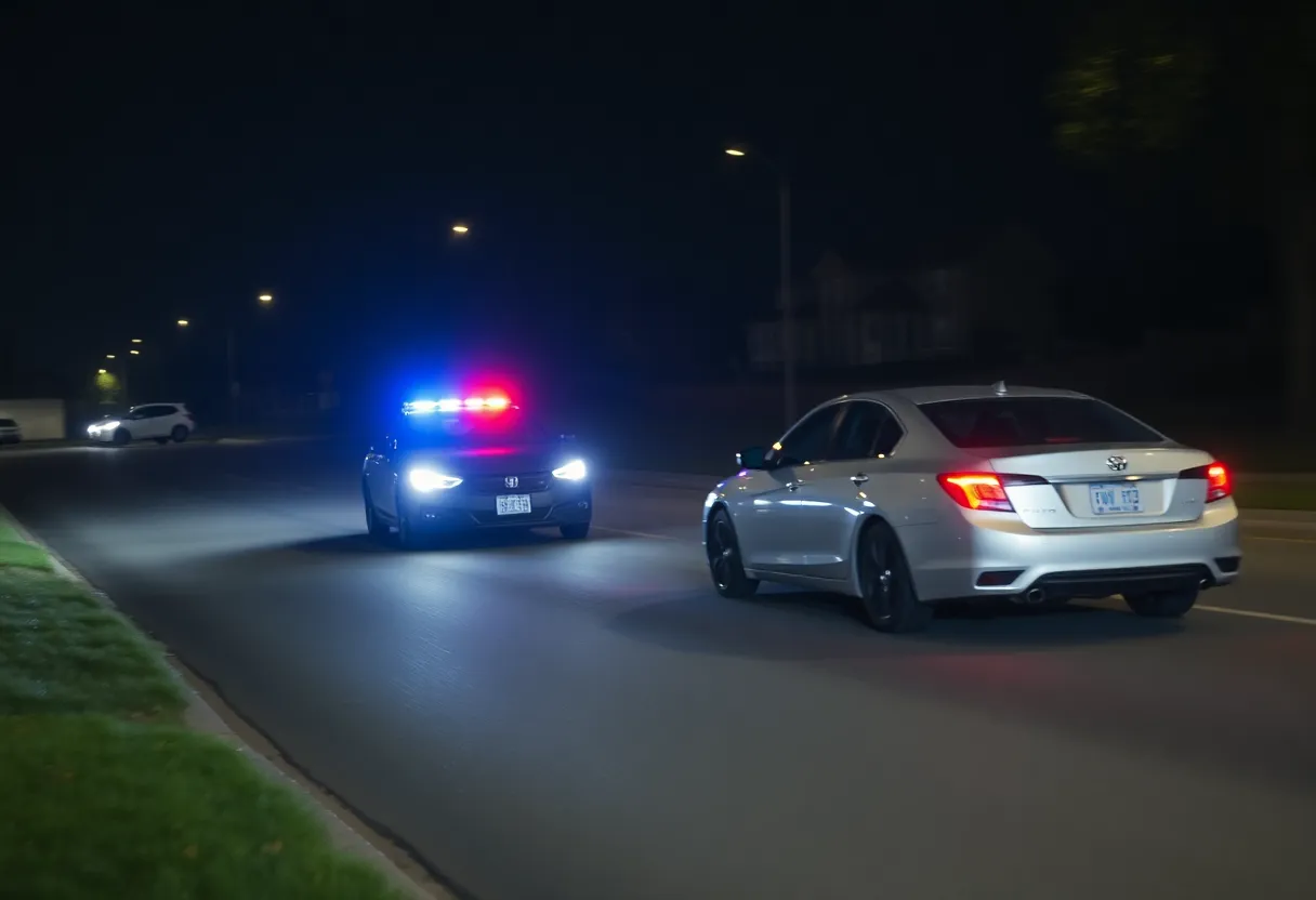 Police cars chasing a silver sedan on a dimly lit road