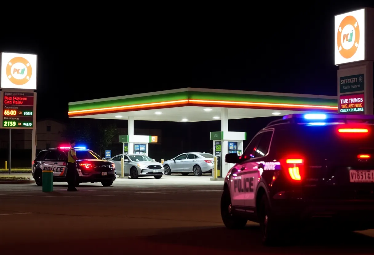 Police cars outside a gas station during an incident.