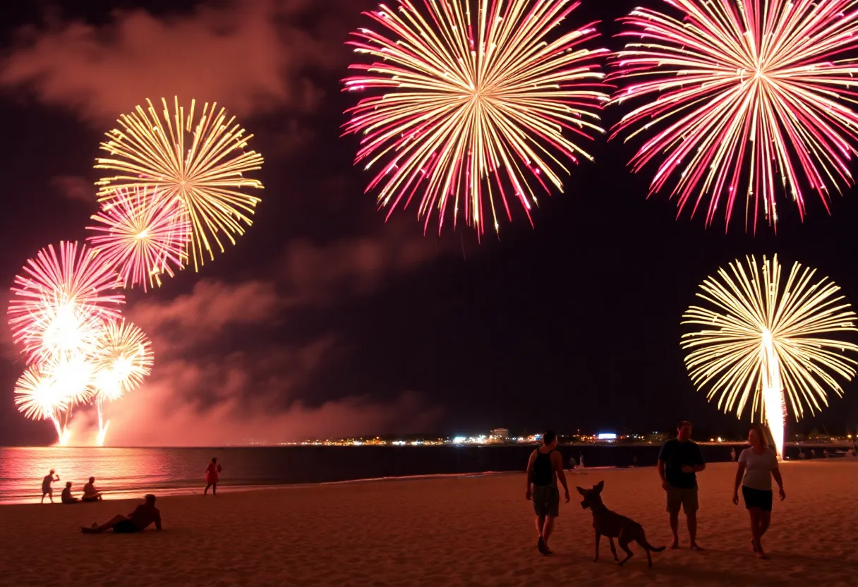 Fireworks exploding over Sands Beach in Port Royal