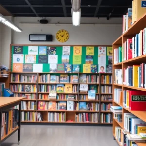Classroom filled with bookshelves of diverse literature.