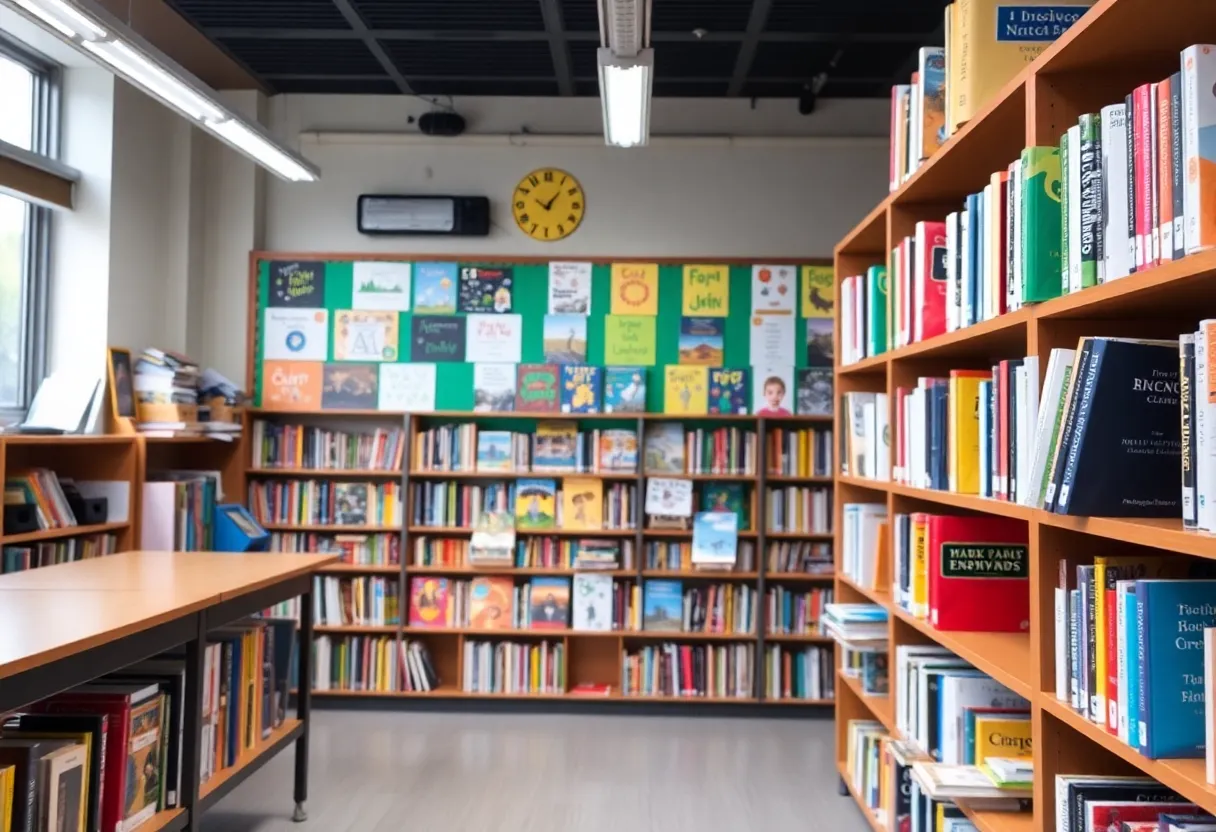 Classroom filled with bookshelves of diverse literature.