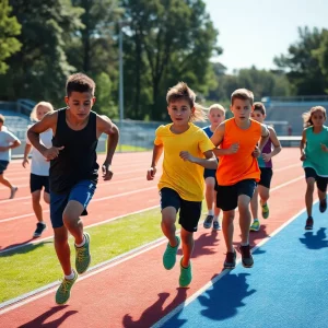 Young athletes training at a track field