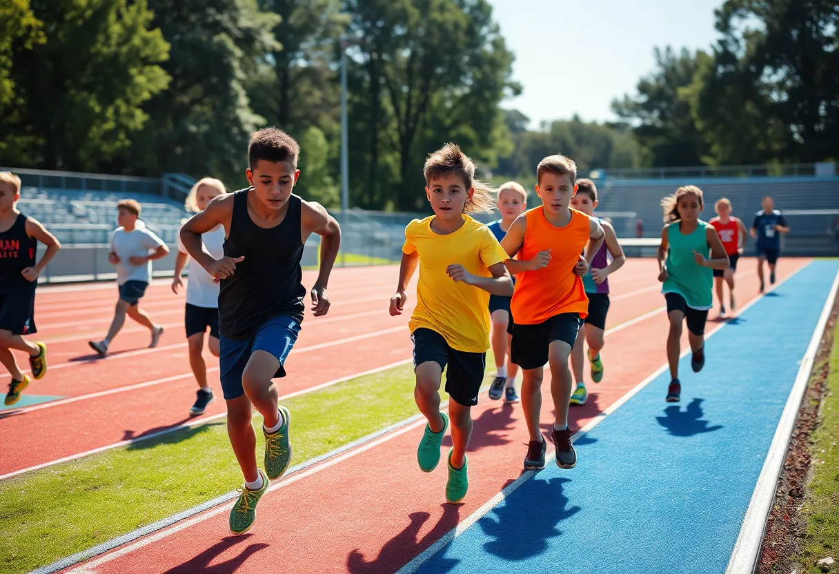 Young athletes training at a track field