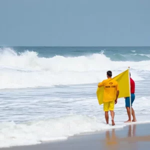Beach scene with warning flags about rip currents