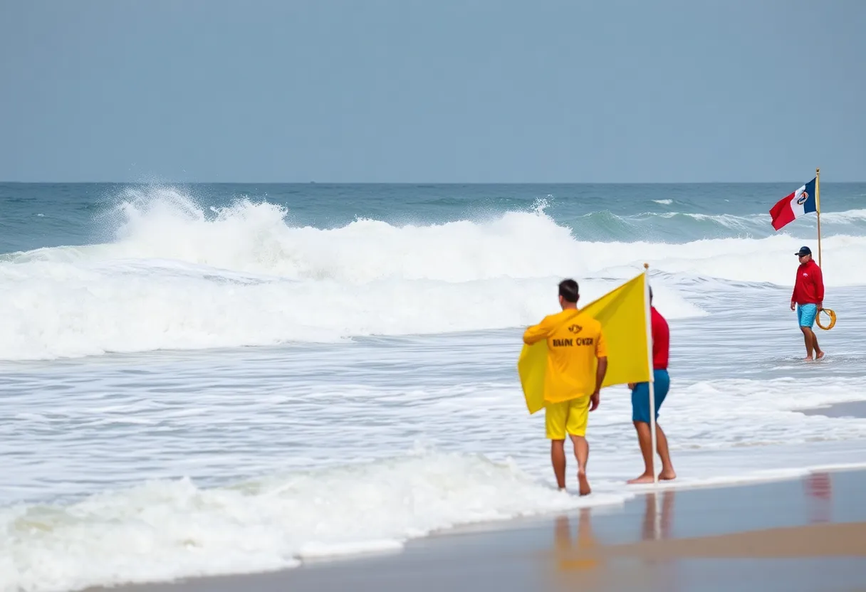 Beach scene with warning flags about rip currents