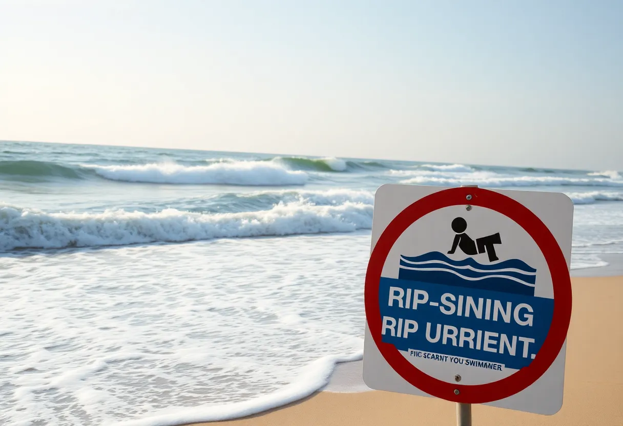 Warning sign at the beach about rip currents