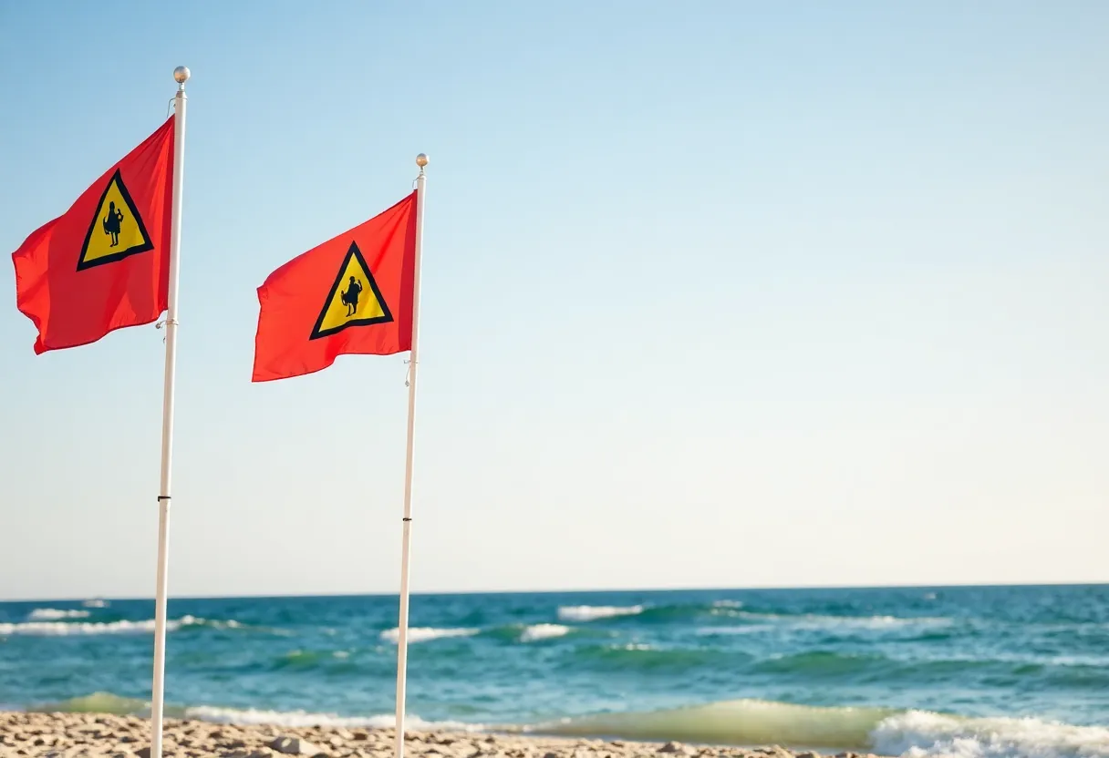 Beach safety warning flags indicating rip currents.