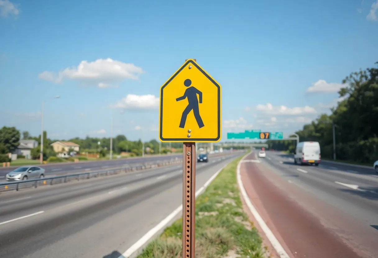 Caution sign for pedestrian crossing near a highway