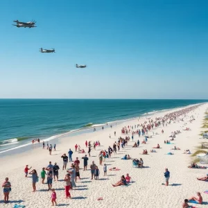 Beachgoers saluting during the Salute from The Shore flyover event in South Carolina