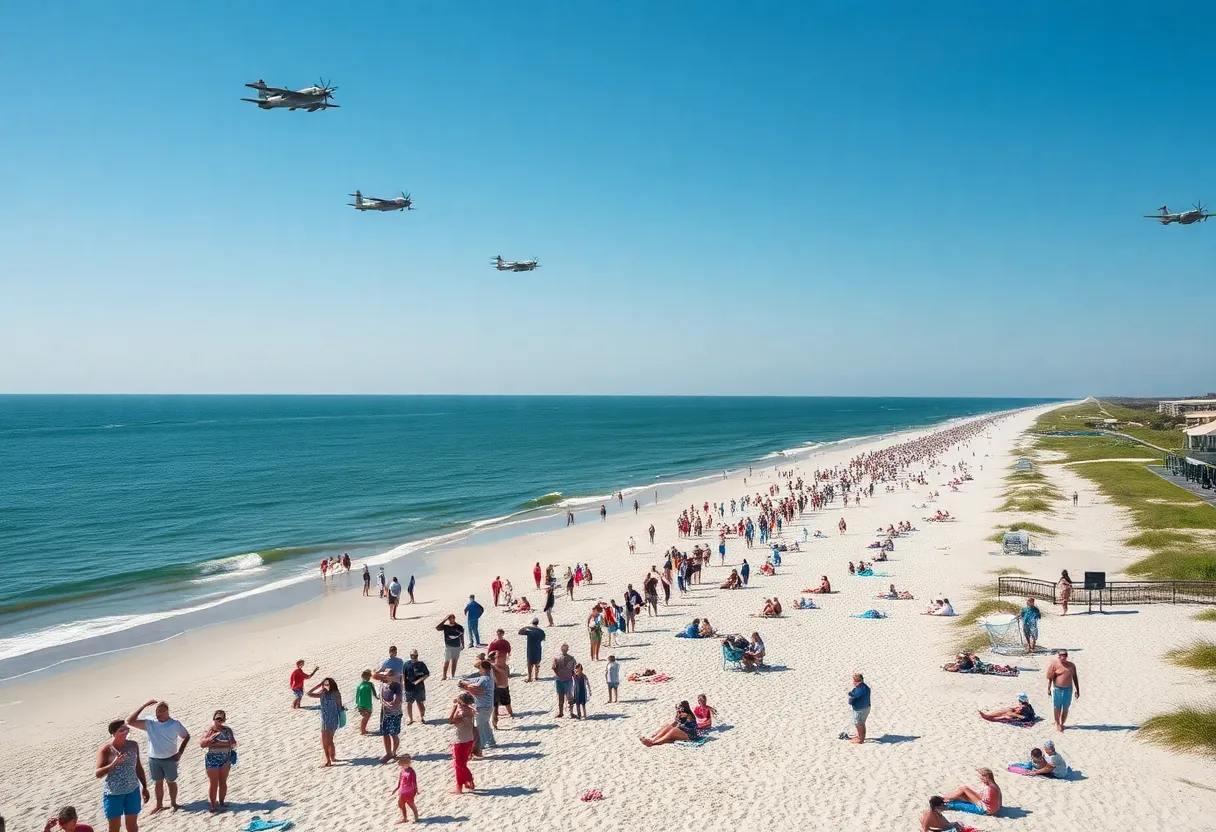 Beachgoers saluting during the Salute from The Shore flyover event in South Carolina
