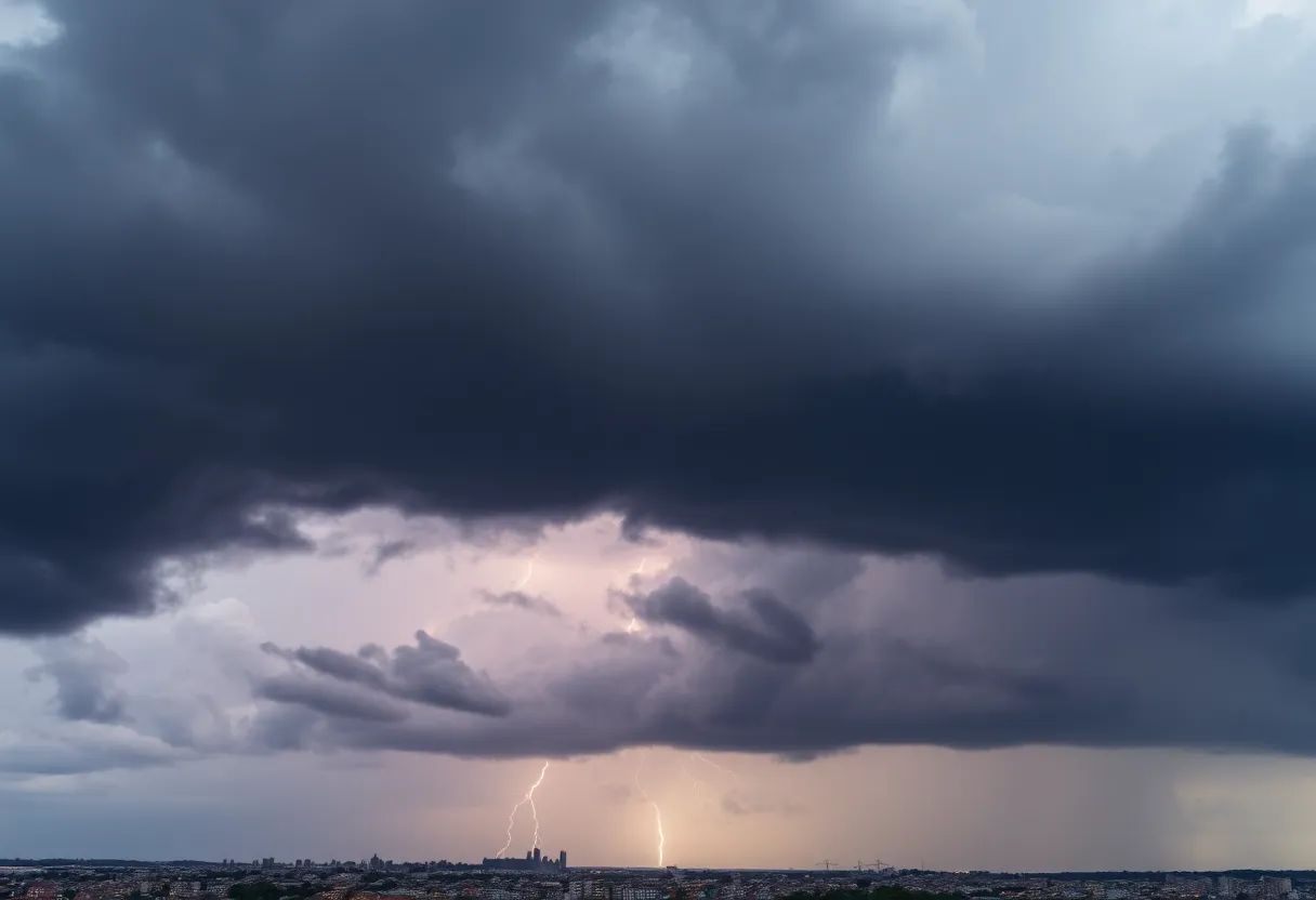 Dark storm clouds over Charleston with visible lightning