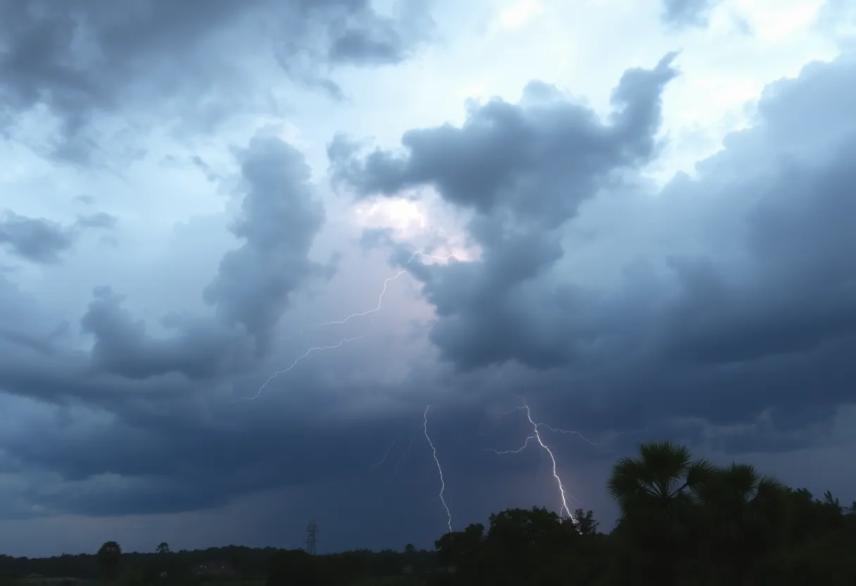 Dramatic thunderstorm clouds with lightning in Charleston