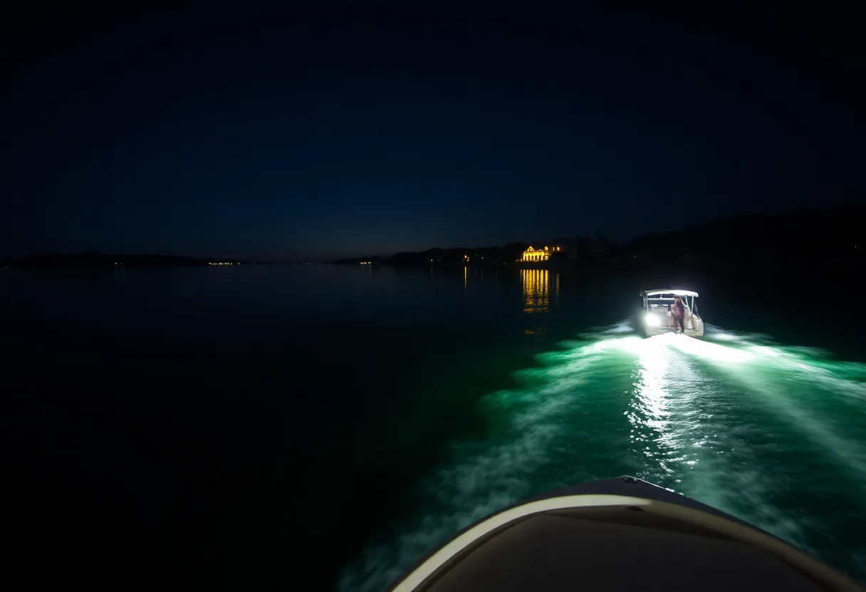 A calm Skull Creek at night with boat