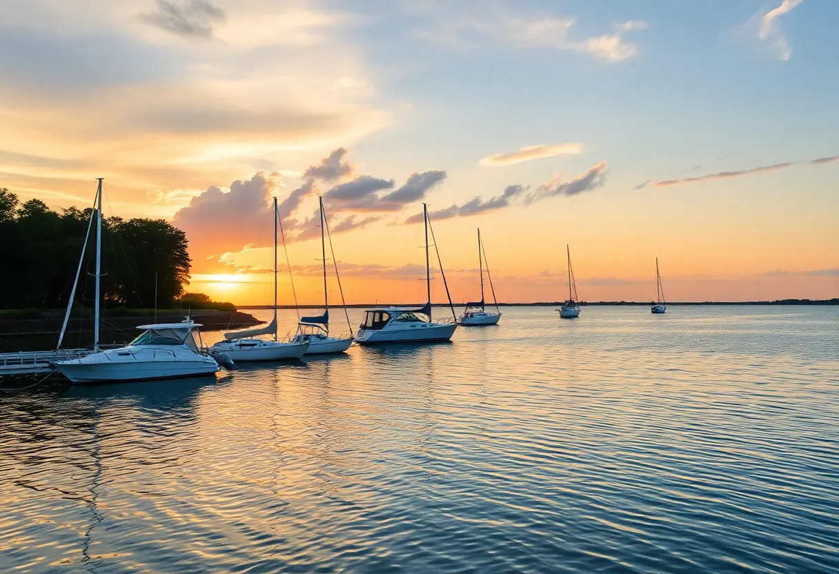 View of Skull Creek with boats during sunset