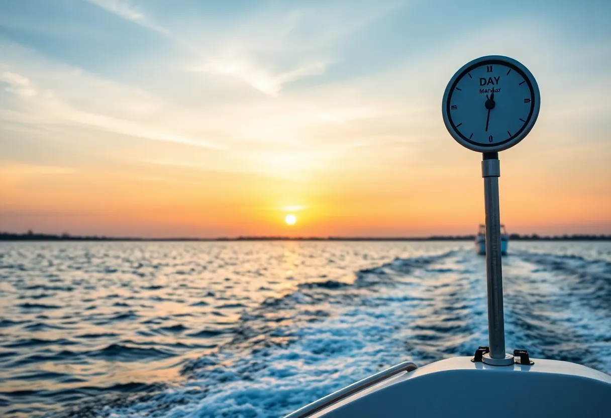 A peaceful waterway scene at sunset with a day marker visible.