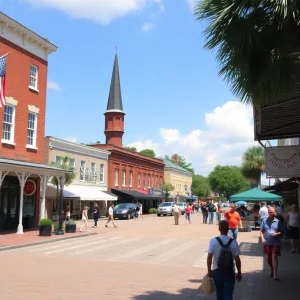 A picturesque small town in South Carolina during a festival with historic buildings