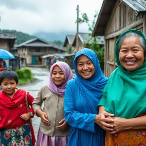 Families gathering at Tansi Village during a storm