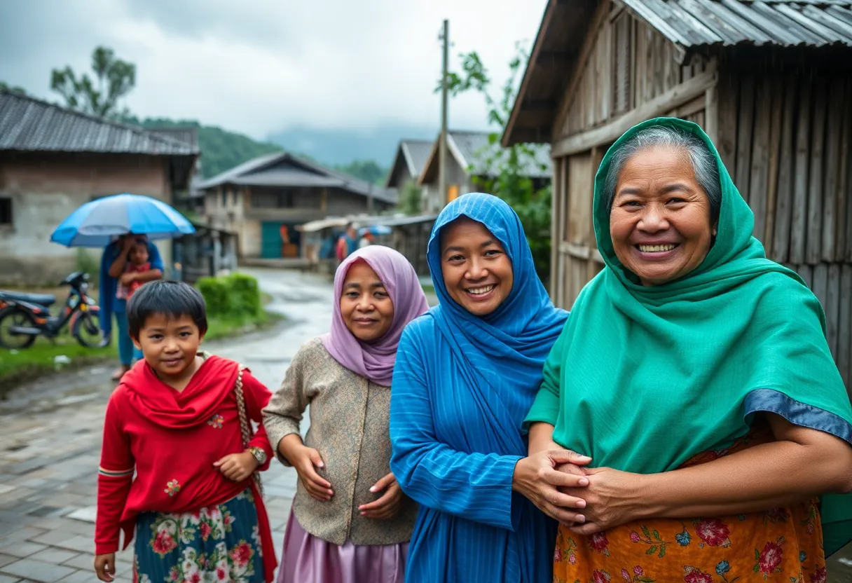 Families gathering at Tansi Village during a storm