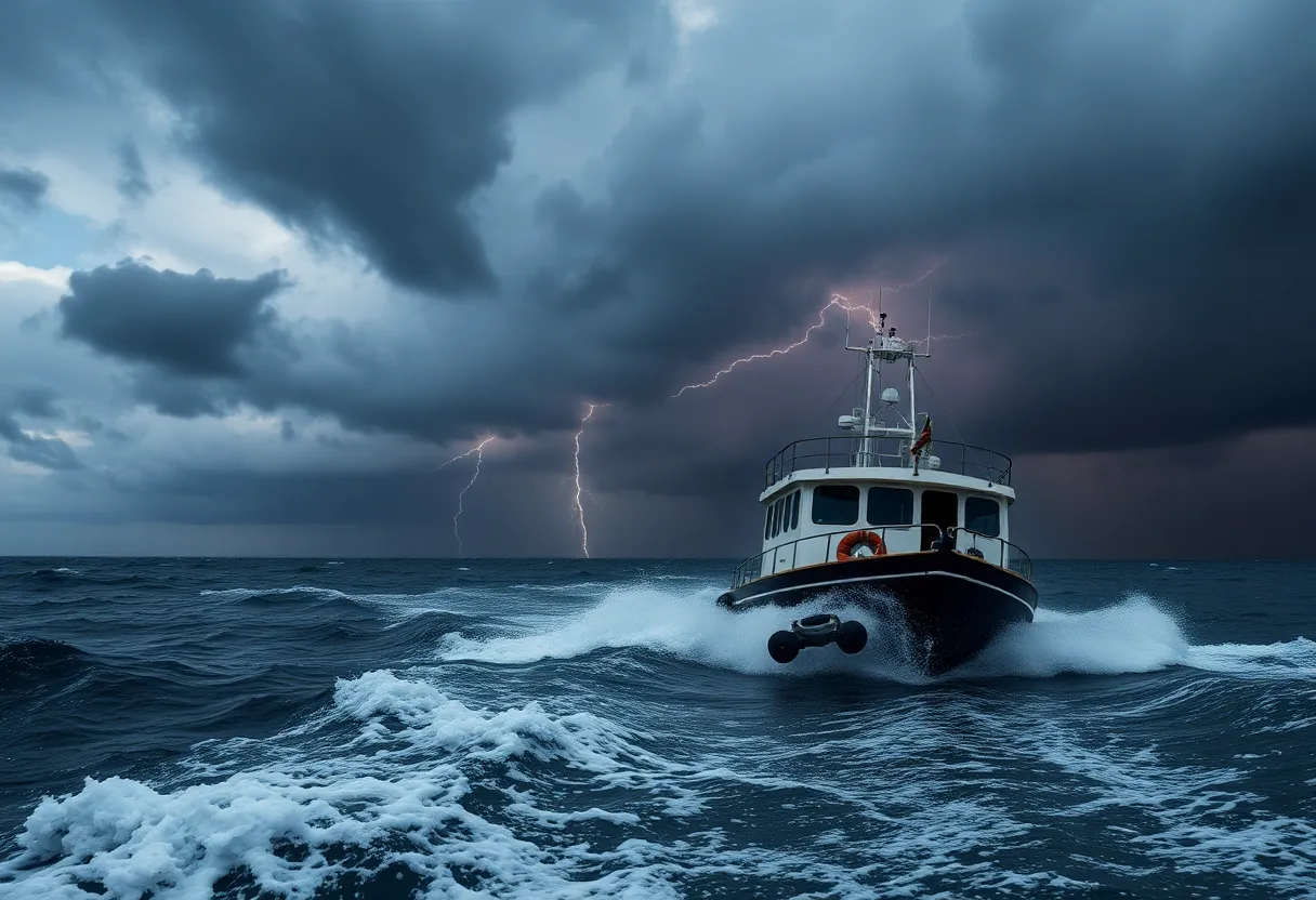 Choppy seas with dark storm clouds and lightning above