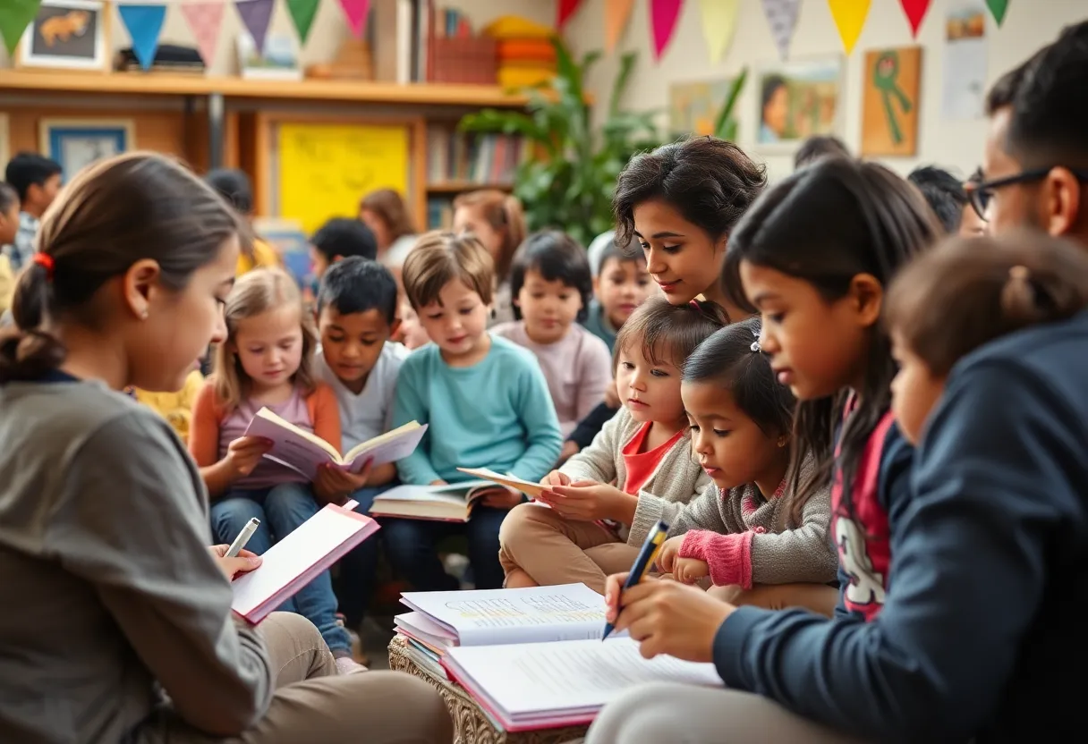 Families participating in a storytelling event at Robert Smalls Leadership Academy