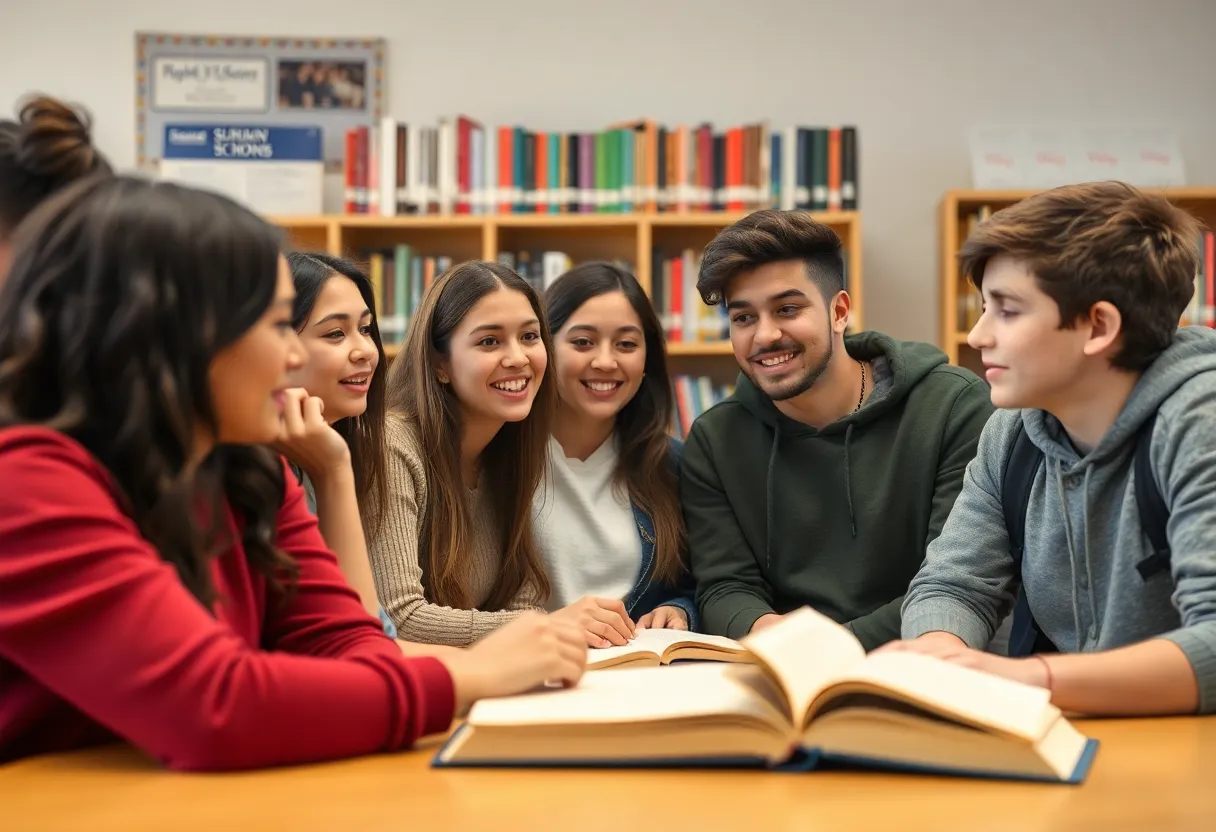 Diverse high school students discussing book bans and literature.