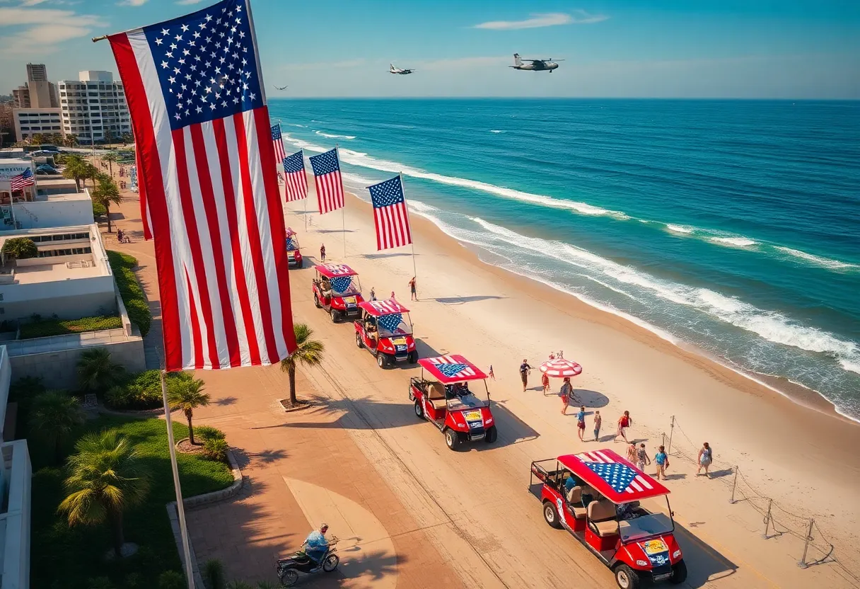 Aerial view of Surfside Beach with military flyover and July 4th decorations.