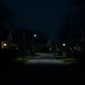 A quiet street in a residential neighborhood at night