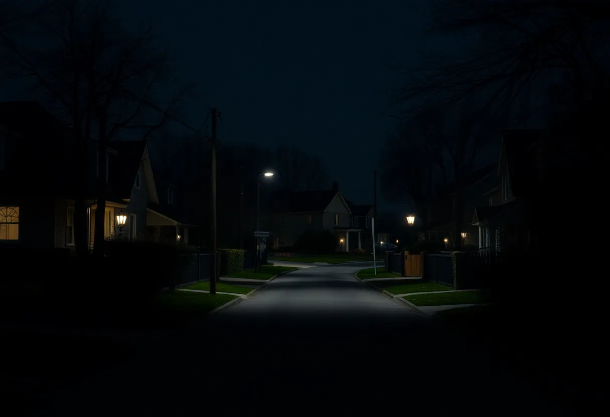A quiet street in a residential neighborhood at night