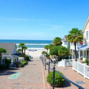 A peaceful coastal town in South Carolina with beach and greenery.