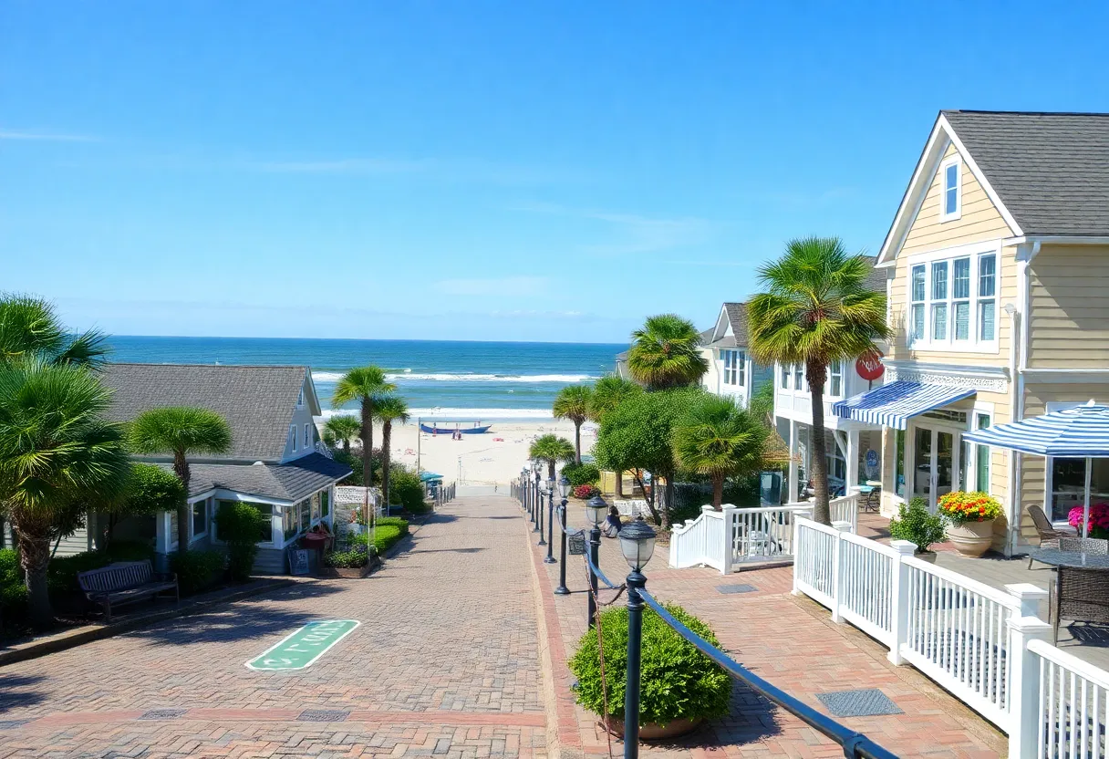 A peaceful coastal town in South Carolina with beach and greenery.