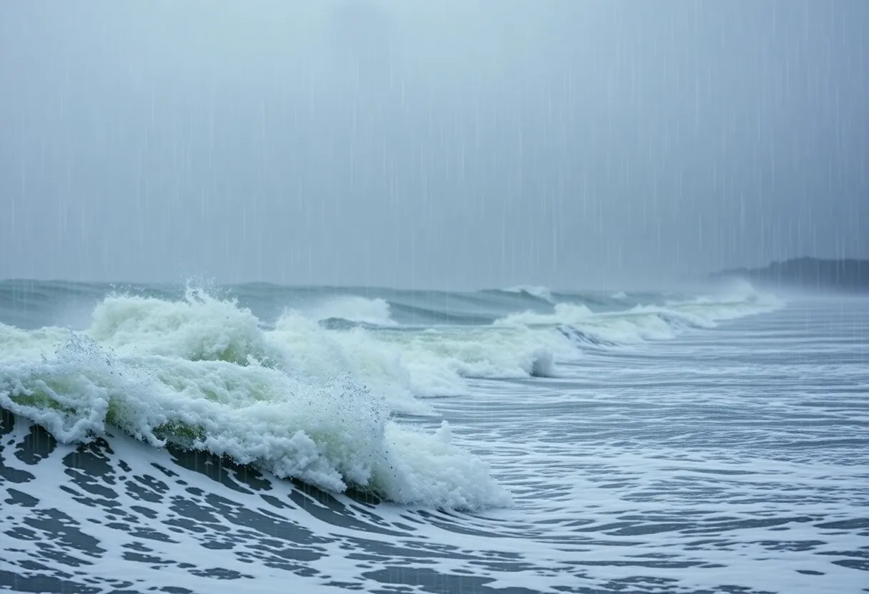 Coastal scene during Tropical Storm Chantal with heavy rain and rough surf.