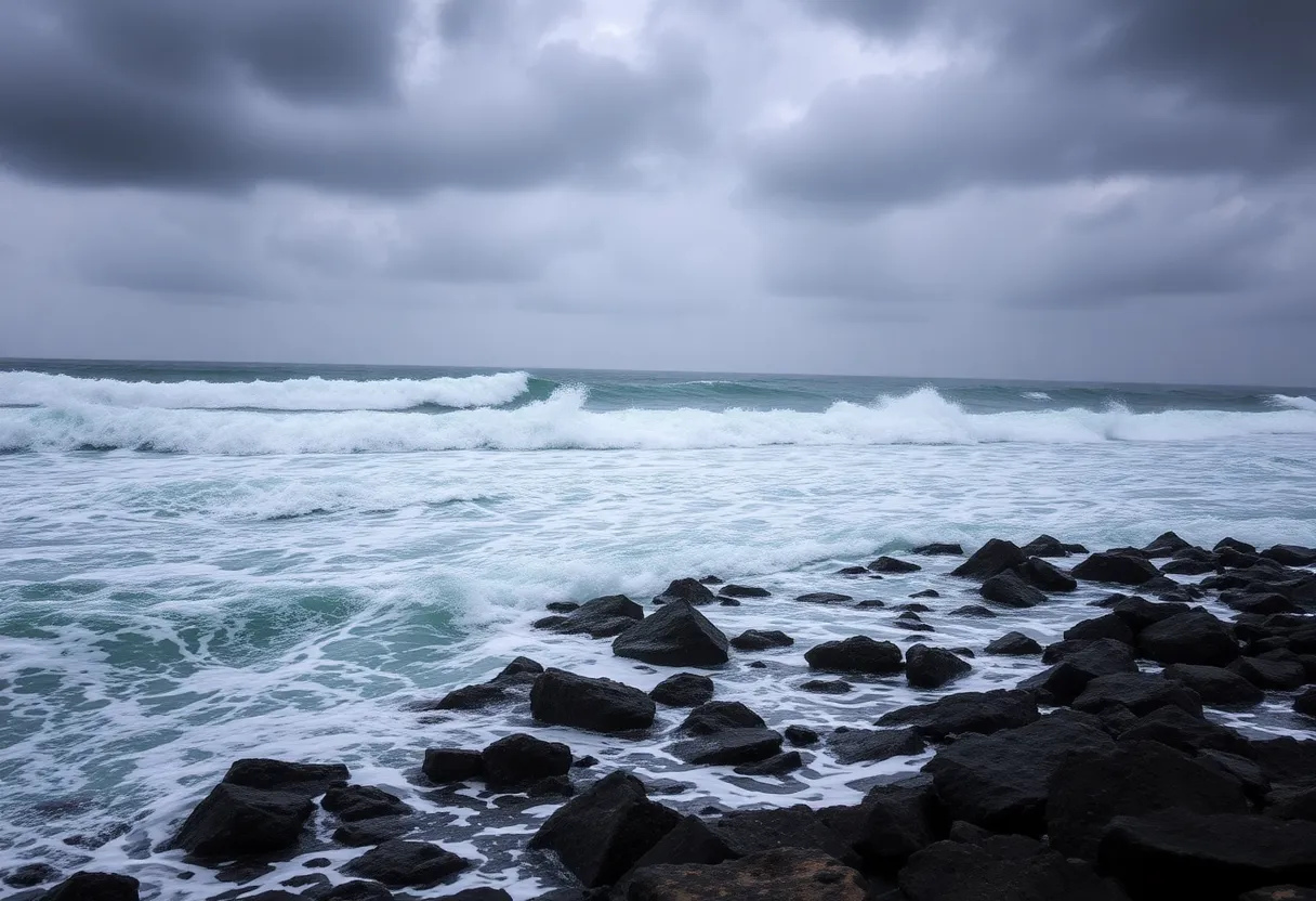 Waves crashing on a beach during Tropical Storm Chantal.