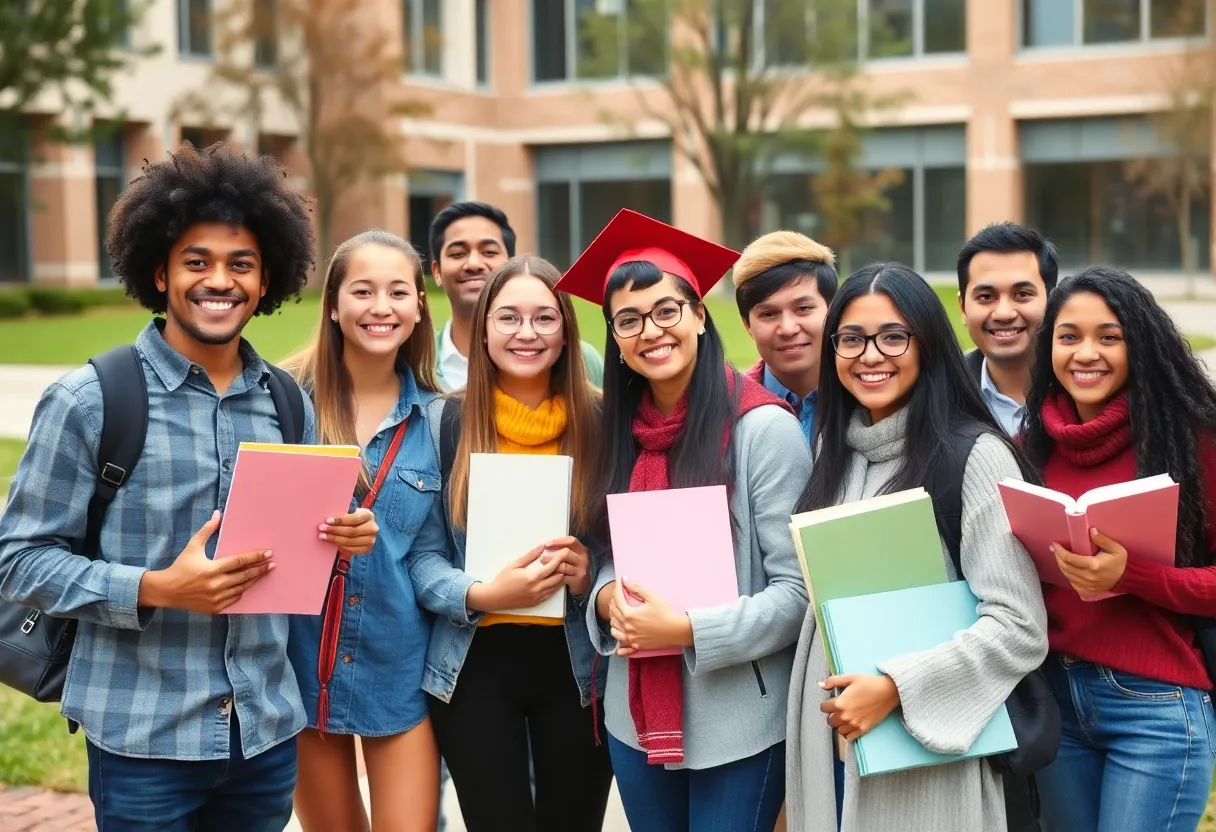 Diverse university students celebrating their academic success on campus
