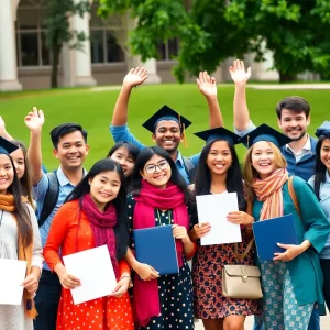 Students celebrating academic achievements outdoors