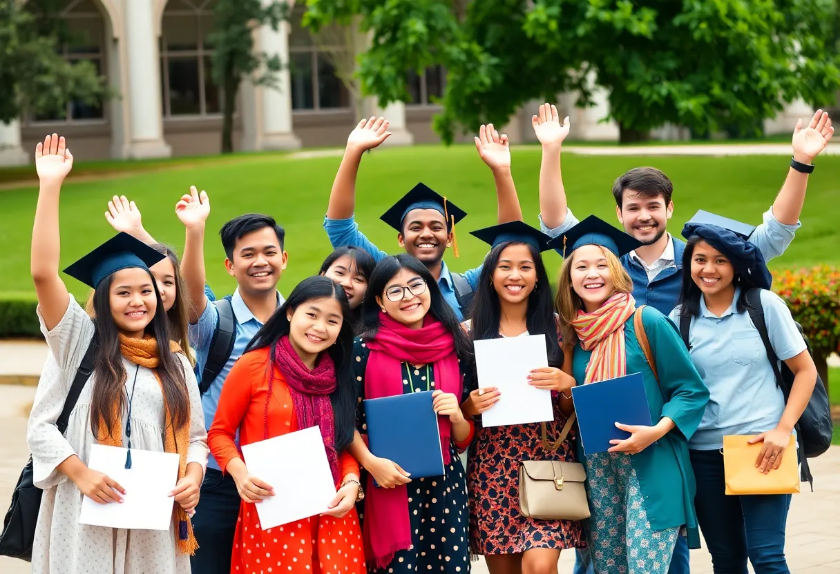 Students celebrating academic achievements outdoors