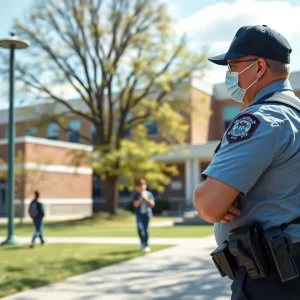 A high school campus with security measures in place for student safety.