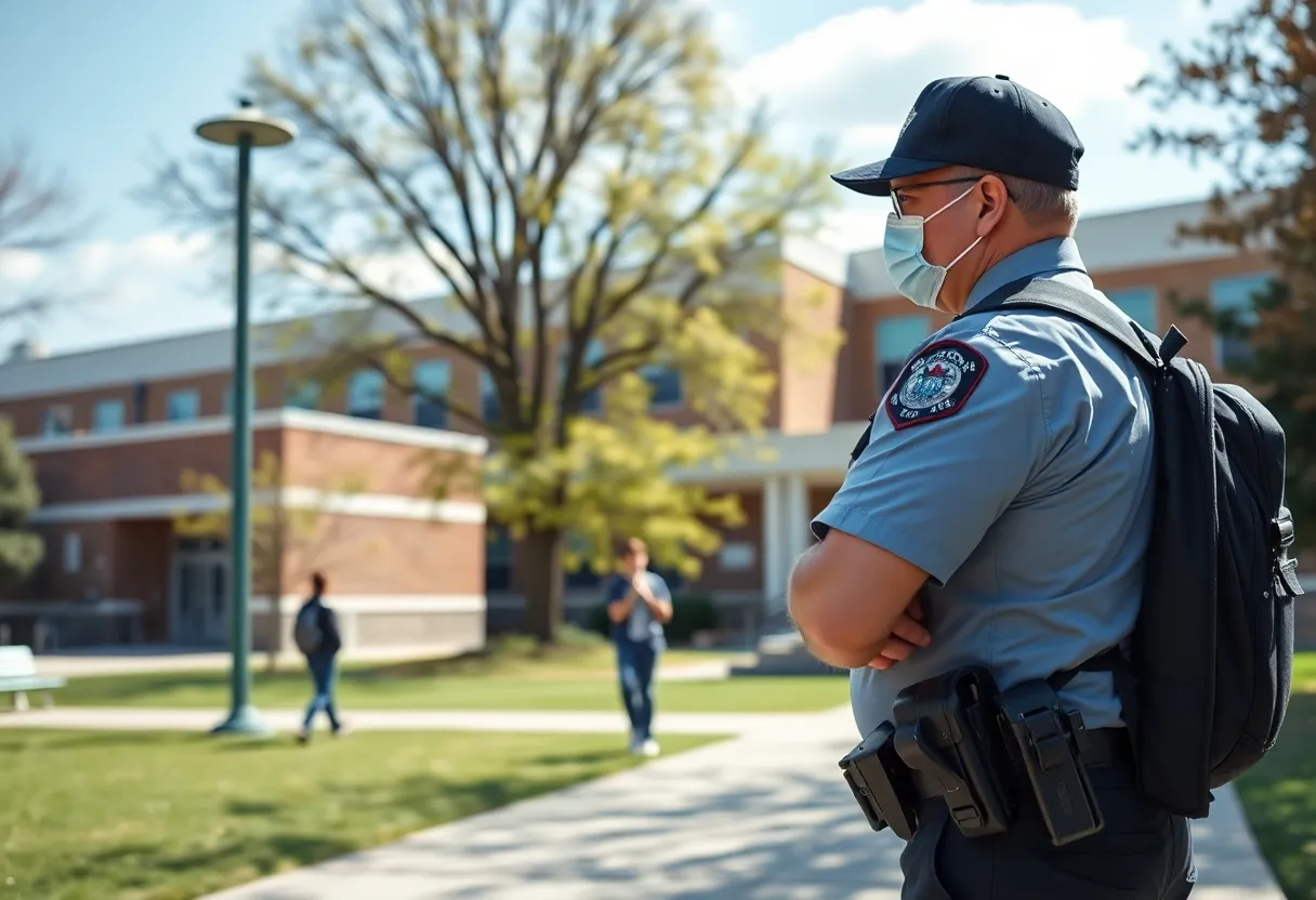 A high school campus with security measures in place for student safety.