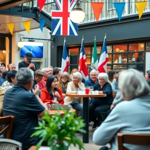 Community gathering at Blackstone's Café during the live broadcast.