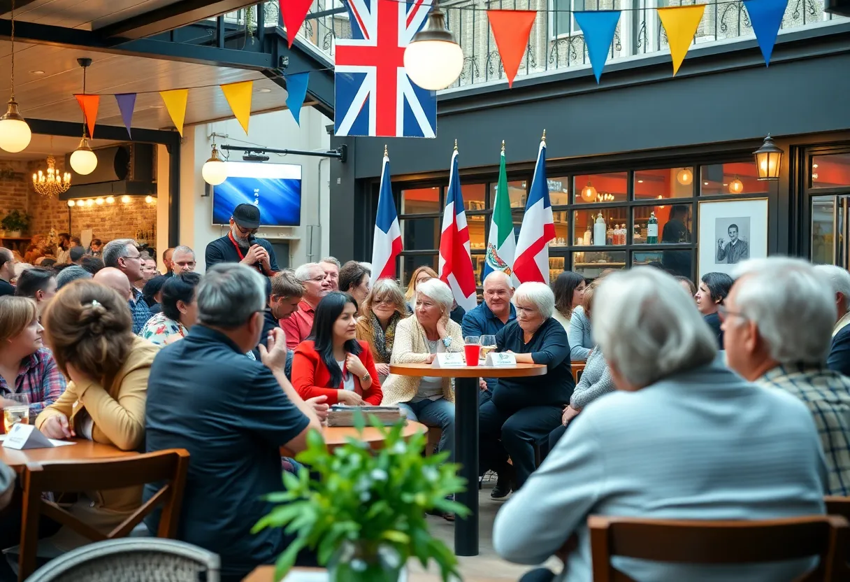 Community gathering at Blackstone's Café during the live broadcast.