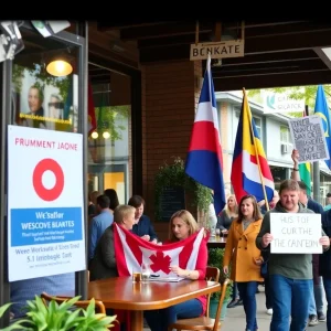 Community café filled with patrons and protesters outside