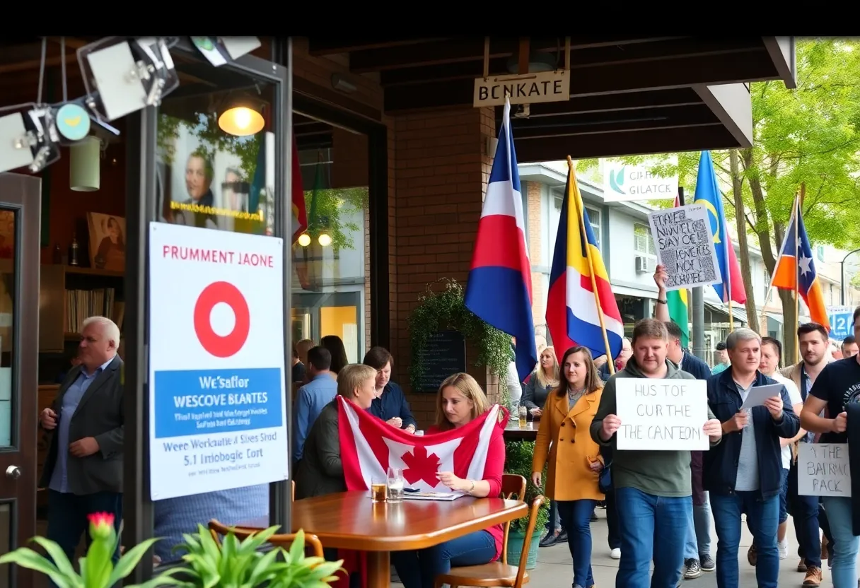 Community café filled with patrons and protesters outside